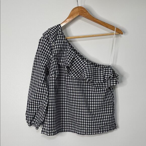 J. Crew Gingham One Shoulder Ruffle Top Size 6 - Picture 3 of 10